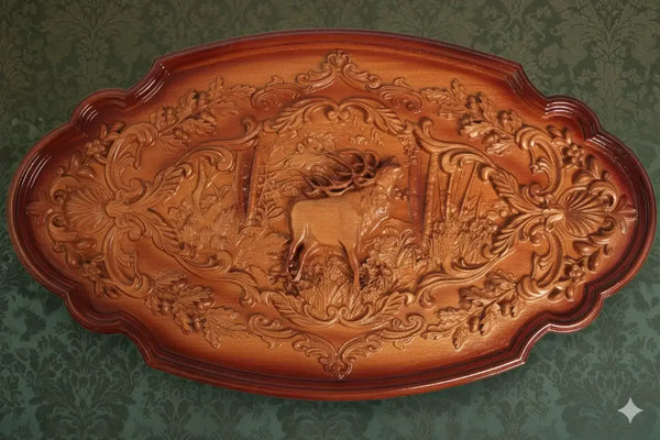 Natural wood carved panel depicting a hunting - MARHABA